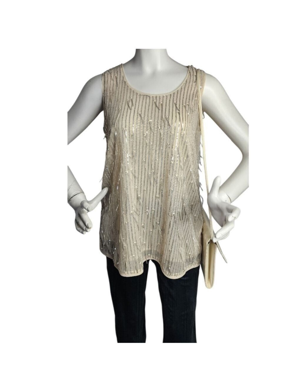 NWT Cotton Bleu Cream Sequin Tassel Tank | Luxe Metallic Dressy Top